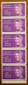 US # 1236 Eleanor Roosevelt strip of 5 5c 1963 Mint NH