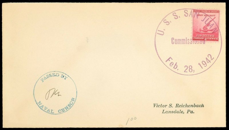 1942 USS San Juan, Lg COMMISSIONED DAY Cancel, Passed by Naval Censor W/ Initial