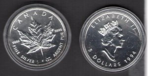 1994 Canada - $5 Maple Leaf - 1 oz 999 Silver - 31.10 grams - FDC