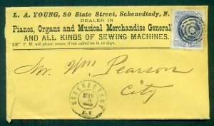 1880's 1¢ tied on yellow envelope, L.A. YOUNG Dealer, PIANO & SEWING MACHINE ad