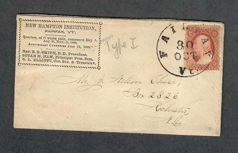 US Sc#25 Fairfax VT College Cover Oct 30 Repaired Back Flap