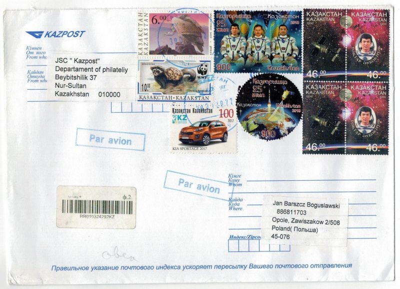 Kazakhstan 2022 Registered Cover to Poland Stamps Space Astronauts Animals Car