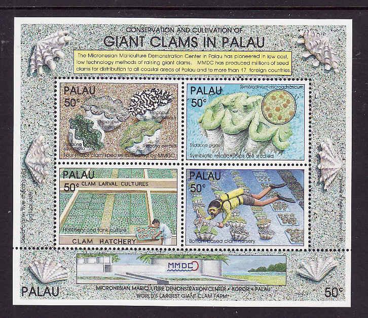 Palau-Scott#294-Unused NH sheet-Clams-Scuba-Marine Life-1991-