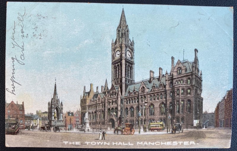 1905 Manchester England Postcard Cover To Rouen France Town Hall 