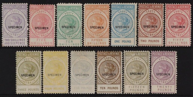 SOUTH AUSTRALIA 1886 QV Postage & Revenue basic set 2/6 to £20, SPECIMEN.