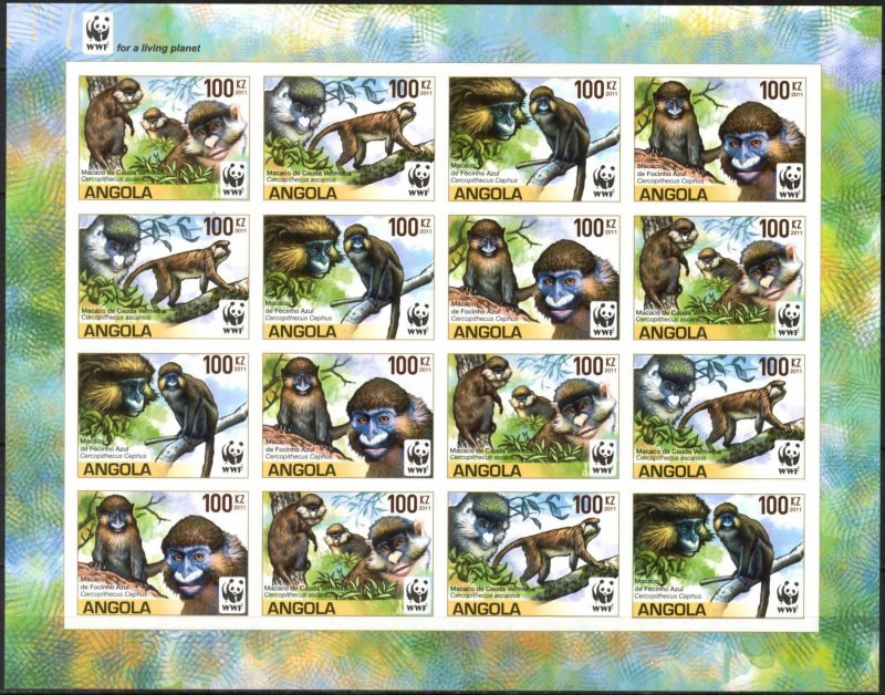 Angola 2011 WWF Monkeys Macaques Sheet of 16 Imperf. MNH