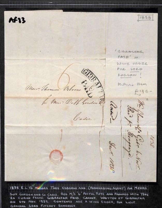 AF83 1838 GIBRALTAR Curved PAID Postmark Historic Letter LORD RAGLAN Cadiz WINE