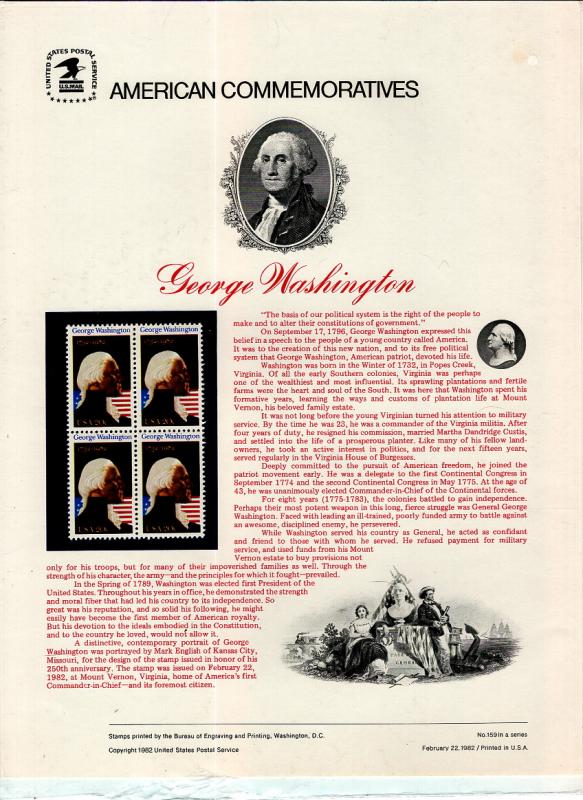 US CP159 George Washington 1952 Commemorative Panel Mint