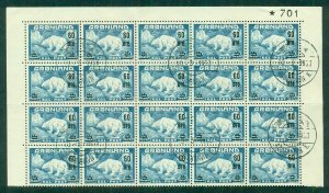 GREENLAND #39 (37) 60/40ore Polar Bear, Block of 20 incl. Plate #701, used, VF