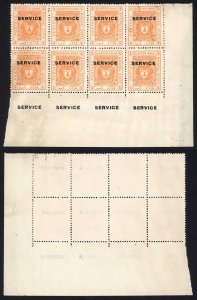 Bhopal SGO313c 1932 1/4a Orange Perf 13.5 Opt SERVICE at TOP no gum Block of 8