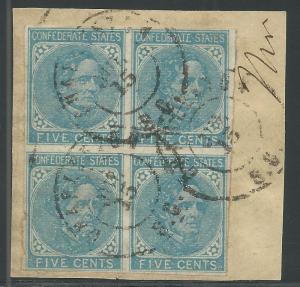 CSA Scott #7 Used Block of 4 Confederate Stamps Charleston, SC VF w/ CSA Cert