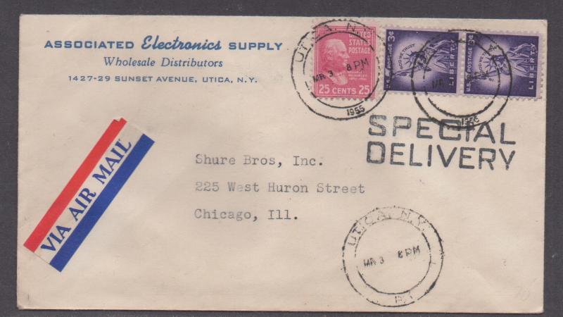 **US 20th Century Special Delivery Adv Cover, SC# 829,1035, Utica, NY 1955