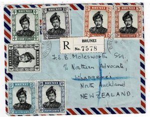 Brunei 1957 registered, airmail cover to New Zealand, via Singapore