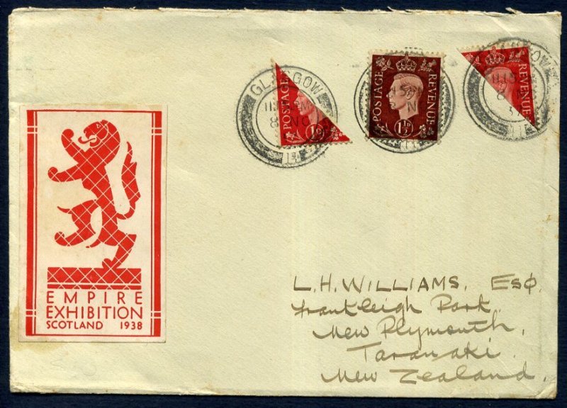 Great Britain 1937 Scotland Glasgow Bisect Cover to New Zealand, 1d x2 Bisects