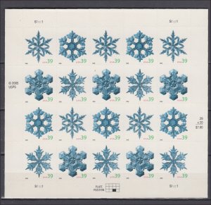 (S) USA #4101-4104 Snowflakes  Full Sheet of 20 stamps MNH