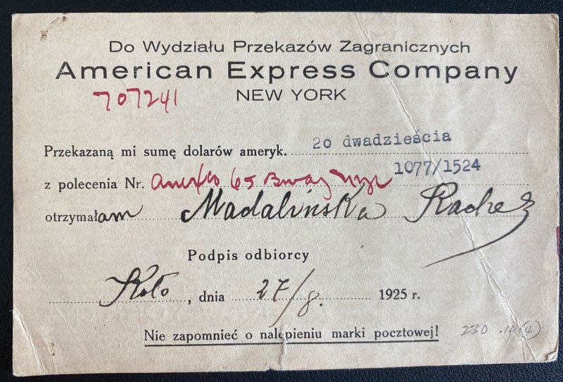 1925 Poland Postcard Cover To New York Usa American Express Company