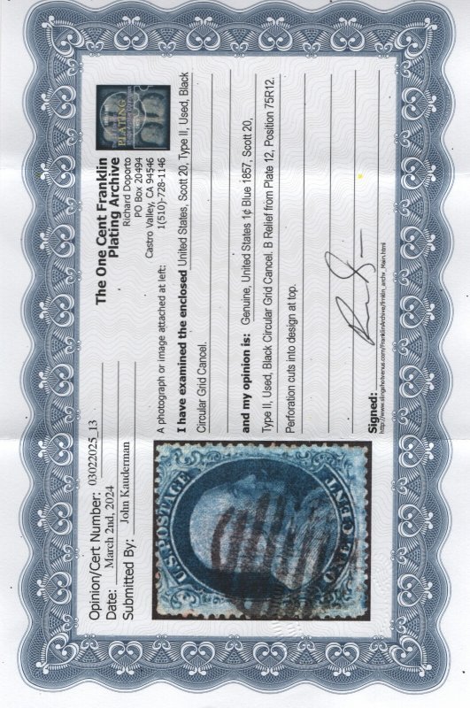20 F-VF used with cert. neat grid cancel with nice color cv $ 275  ! see pic !