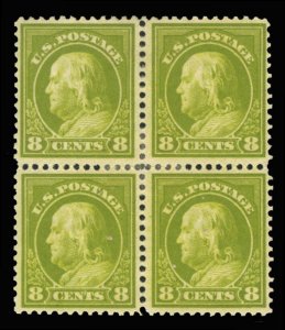 United States, 1910-30 #414 Cat$170, 1912 8c pale olive green, block of four,...