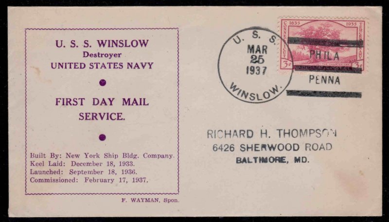 USS Winslow, DD-359 ~ First Day of Mail Service  03/25/37