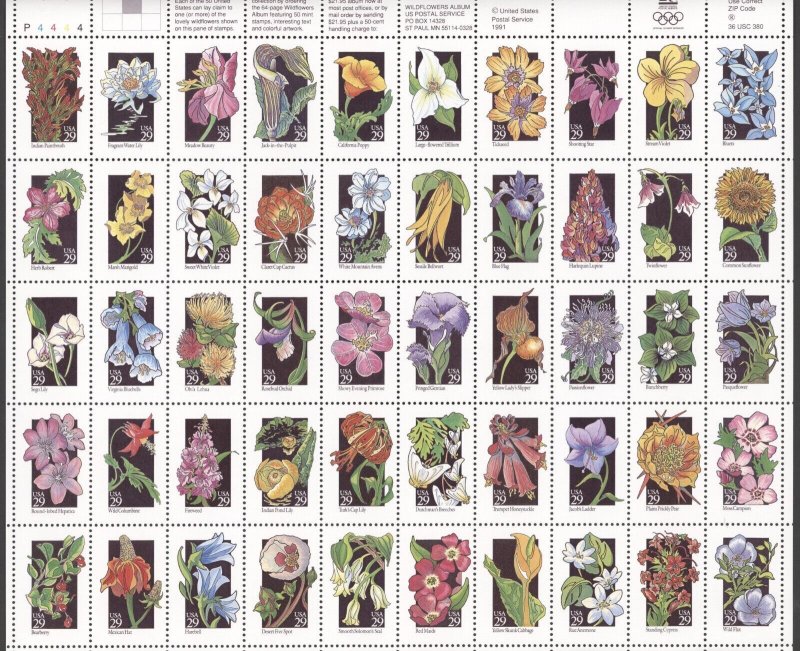 1992 US Scott #2647-2692 29c Wildflowers, Sheet of 50 MNH
