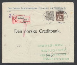 Denmark Sc 89, 122 used on 1928 cover to Norway DEN DANSKE LANDMANDSBANK PERFINS