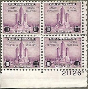 United States #729 3c Century of Progress MH block of 4 plate #21126 (1933)