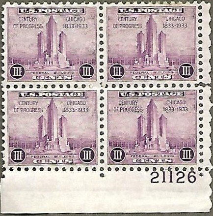 United States #729 3c Century of Progress MH block of 4 plate #21126 (1933)