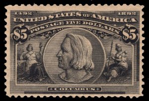 US STAMPS # 1 245 $5 COLUMBIAN MINT OG H CAT. $2,500 LOT #3004
