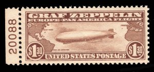 US STAMPS # C14 PLATE SINGLE GRAF ZEPPELIN MINT OG NH CV. $600 LOT #9168