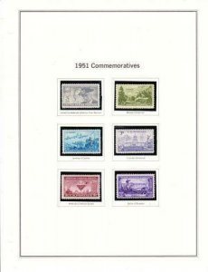 U S 1951 Commemorative Mint NH Year Set - 6 Stamps on Album Page - 1 Scan