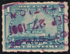 SC#R163p 1¢ Revenue: Documentary: Hyphen Hole Perf 7 (1898) Used/Date Stamped