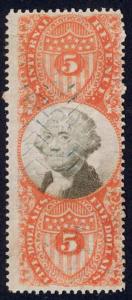 USA Sc# R148 Used 1872 $5 vermilion & black George Washington Revenue Stamp