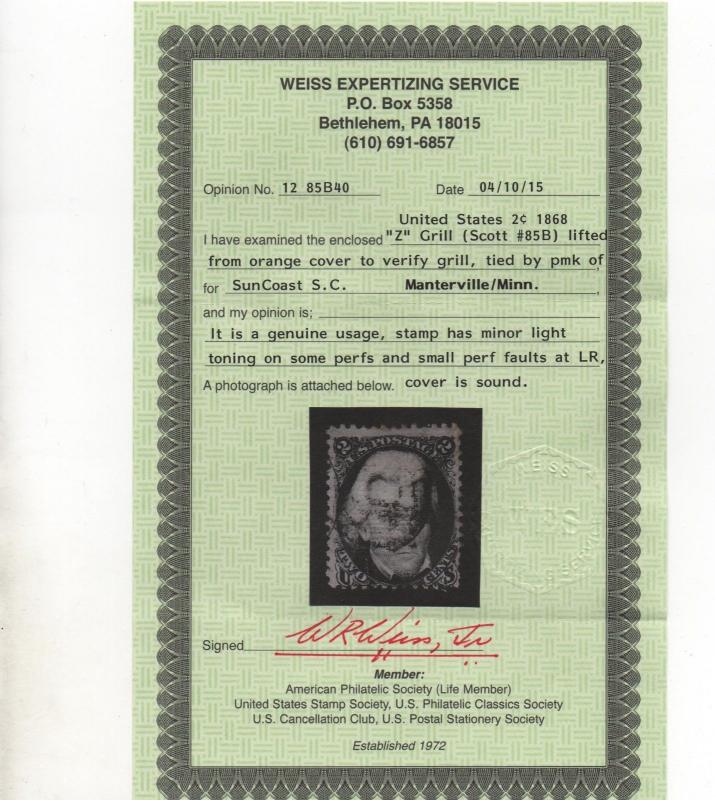 US Scott #85b Blackjack Z-Grill Mantorville MN March 26 CDS Weiss Certificate