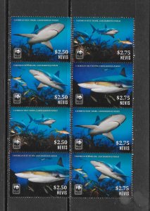 FISH - NEVIS #1803-04 SHARKS VERTICAL STRIPS MNH