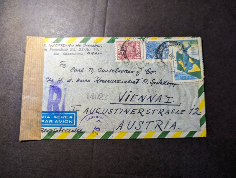 1950 Censored Registered Brazil Airmail Cover Copacabana to Vienna I Austria