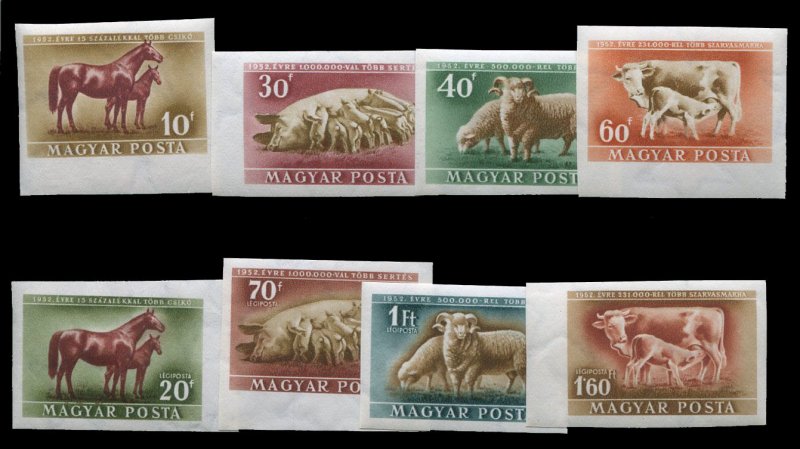 Hungary #929-932, C87-90 Cat$100, 1951 Livestock, imperf. set with Airpost, n...