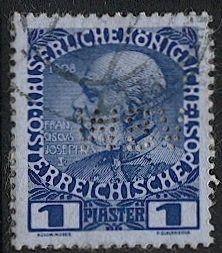 AUSTRIAN Offices in Turkey 1908  Sc 49  1pi Used  VF, W B V Perfin