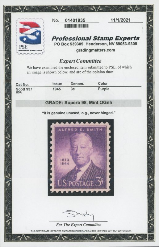 USA 937 - 3 cent Alfred E Smith Issue - PSE Graded Cert: Superb 98 Mint OGnh