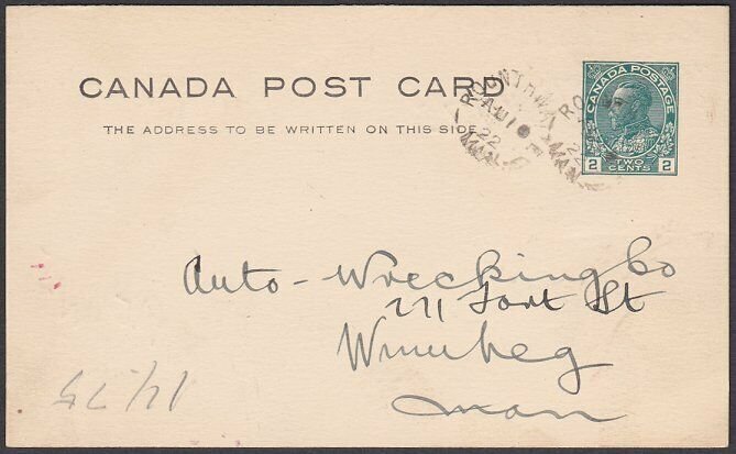 CANADA 1922 2c postcard - ROUNTHWAITE / MAN cds.............................U328