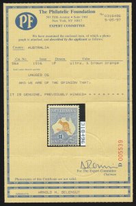 AUSTRALIA 1915 Kangaroo £1 Chestnut & blue. 3rd wmk . RARE SHADE w/CERTIFICATE 