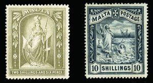 Malta #17-18 Cat$157.50, 1899 2sh6p and 10sh, hinged, pencil notations