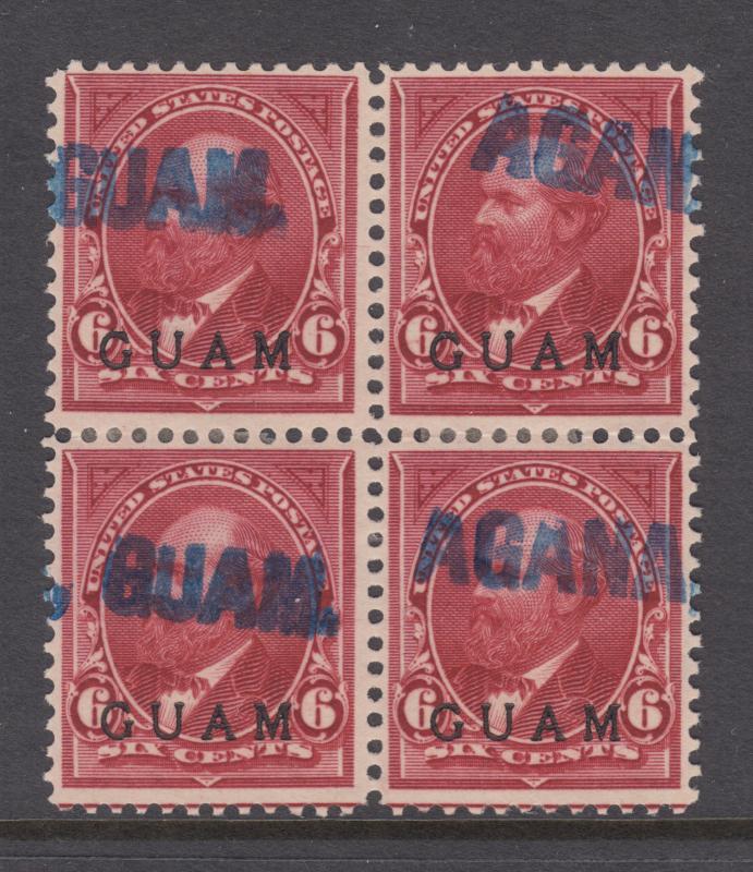 Guam Sc 6 used. 1899 6c lake with blue AGANA, GUAM cancels, block of 4, Cert