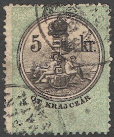 HUNGARY 1868 Barefoot 6, 5kr Used Revenue, Perf 12 VF, handstamp cancel