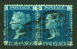 Great Britain,double,1859, Queen Victoria 2P dark blue,Scott# 29,Perf.14, Wmk 20