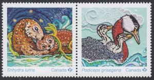 SEA OTTER, RED-NECKED GREBE = MOTHERS and BABIES = Pair from S/S Canada 2023 MNH