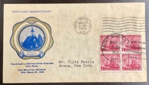 736 FR Rice cachet  Maryland Tercentenary FDC 1934 w/block of 4