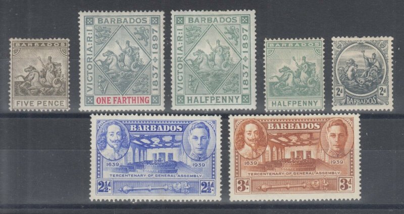 Barbados Sc 75/206 MLH. 1892-1939 issues, 7 different, small faults, F-VF appear