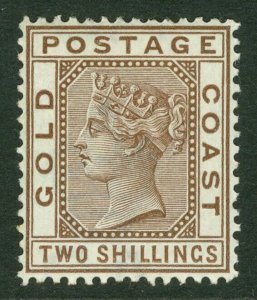 SG 19a Gold Coast 1884-91. 2/- deep brown. Lightly mounted mint CAT £60
