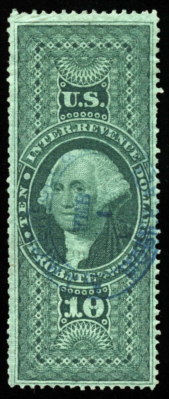 B462 U.S. Revenue Scott R96c $10 Probate of Will, blue oval handstamp cancel