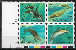 US 1990 Sea Life, Whales, Dolphins Sc # 2508-2511,Plate Block 25c VF MNH**OG